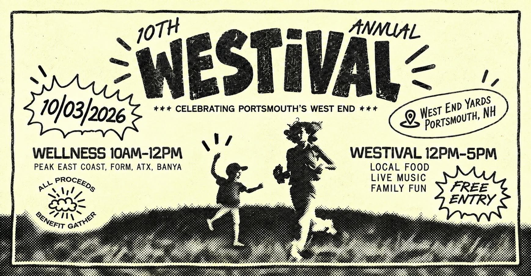Westival poster: 10th annual Westival, October 3, 2026 at West End Yards, Portsmouth NH. Wellness 10am to 12pm, Westival 12pm to 5pm, free entry, all proceeds benefit Gather.